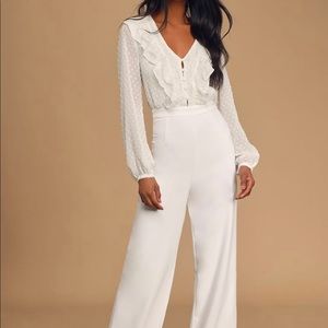 White Swiss dot ruffled long sleeve jumpsuit